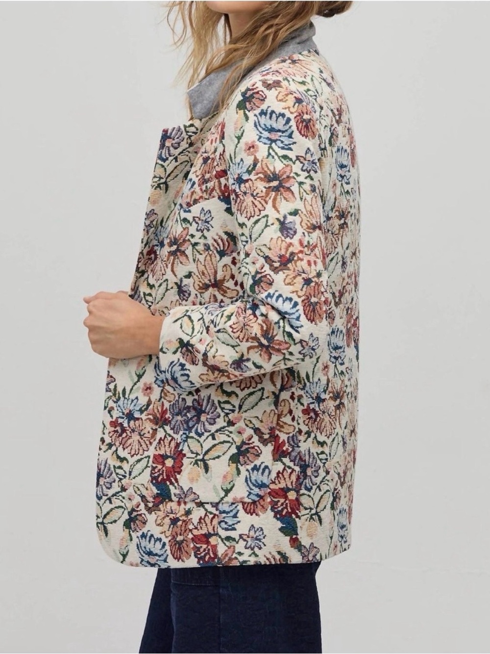 Floral Embroidered Brocade Tapestry Blazer Jacket Cream colorful - Picture 3 of 8